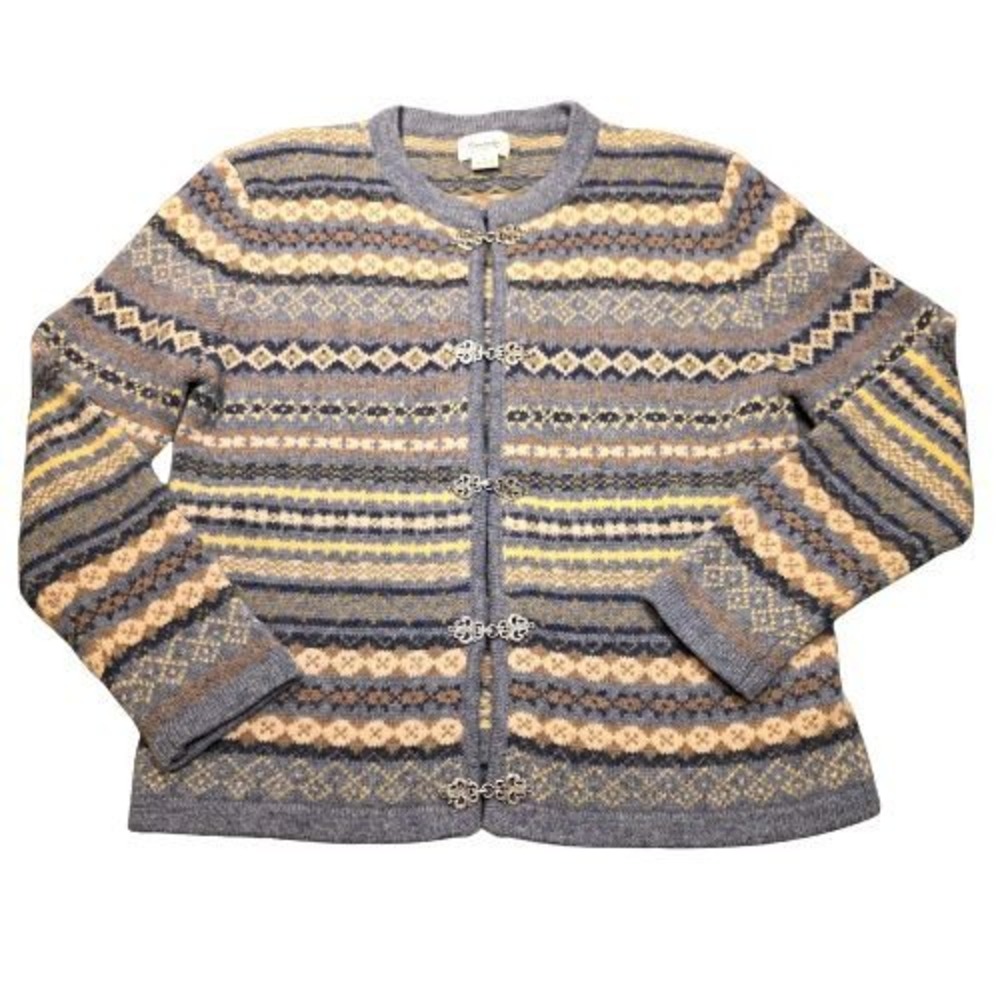 Cambridge Dry Goods Womens S Fair Isle 100% Wool Cardigan Grey Blue Nordic Clasp